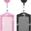 2 PCS Bling Badge Reel Holder, Retractable Pink Black Vertical Badge Holders, Portable Rhinestone Lanyards Badge Reel Clip for Nurse, Teacher, Doctor, Office Business(Pink, Black)