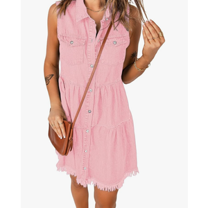 luvamia Women's Casual Summer Lapel Sleeveless Button Down Short Denim Jean Dress L
