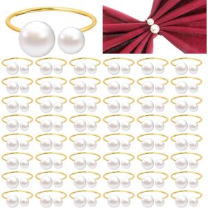 50 Pcs Pearl Napkin Rings Set, Gold Napkin Ring Holders with Faux Pearls Delicate Serviette Ring Buckle for Wedding Christmas Banquet Party Dinner Table Supplies
