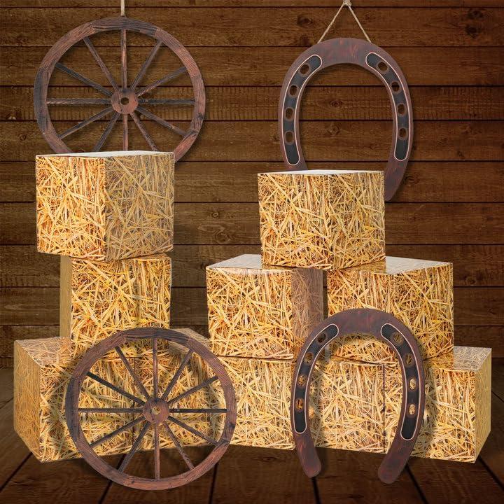 14 PCS Hay Bales Boxes Set Western Cowboy Party Decor Kit 10 Hay Bales Straw Boxes + 2 Wooden Wagon Wheels + 2 Horseshoes Cowboy Theme for Western Cowboy Party Birthday Wedding Farm Rustic Supplies