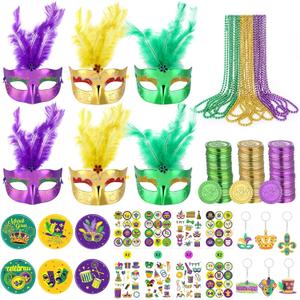 130 Pcs Mardi Gras Party Favors Kit - Carnival Decorations Set with Bulk Mardi Gras Beads Necklaces Masquerade Masks Gold Coins Tattoos & Stickers Vintage Fat Tuesday Parade Accessories Supplies