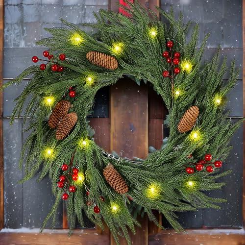 Yunlly 20 Inch Christmas Wreaths for Front Door with Light Xmas Pine Wreath with Pine Cones Berries Artificial Green Garland for Home Indoor Outdoor Wall Window Porch Xmas Decoration