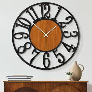 Maxstar Large Round Wall Clock for Living Room Decor Battery Operated Non Ticking Black Metal Wood Clocks for Home Living Room Garden Office Kitchen Decoration -24 inch (Brown-arabic Numerals)