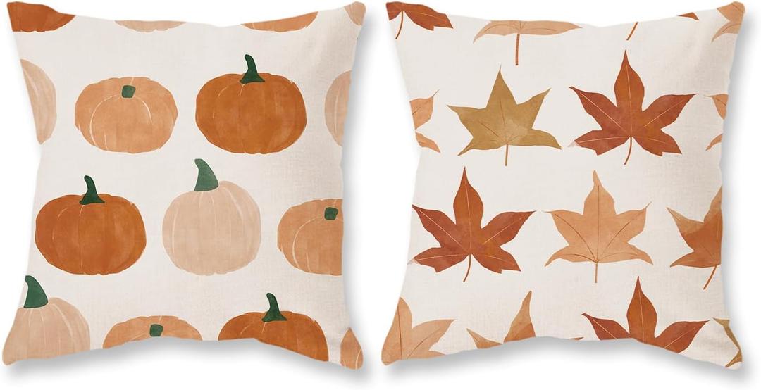 2 x TAJWE Fall Pillow Covers 18x18 Inch Set of 2 Orange Maple Leaves Pumpkins Autumn Pillowcases Farmhouse Decorative Seasonal Thanksgiving Harvest Cushion Cases for Sofa Couch Home Decor