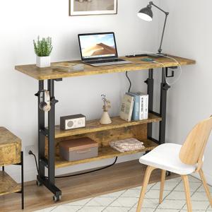 Hadulcet Small Standing Desk with Charging Station, Rolling Desk Adjustable Height, Mobile Laptop with Wheels, Portable Stand Up for Treadmill Walking Pad, 32" Rustic Brown