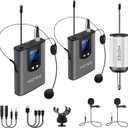 Hotec Wireless System with Dual Headset Microphones/Lavalier Lapel Mics and Bodypack Transmitters and One Mini Rechargeable Receiver 1/4" Output, for Live Performances