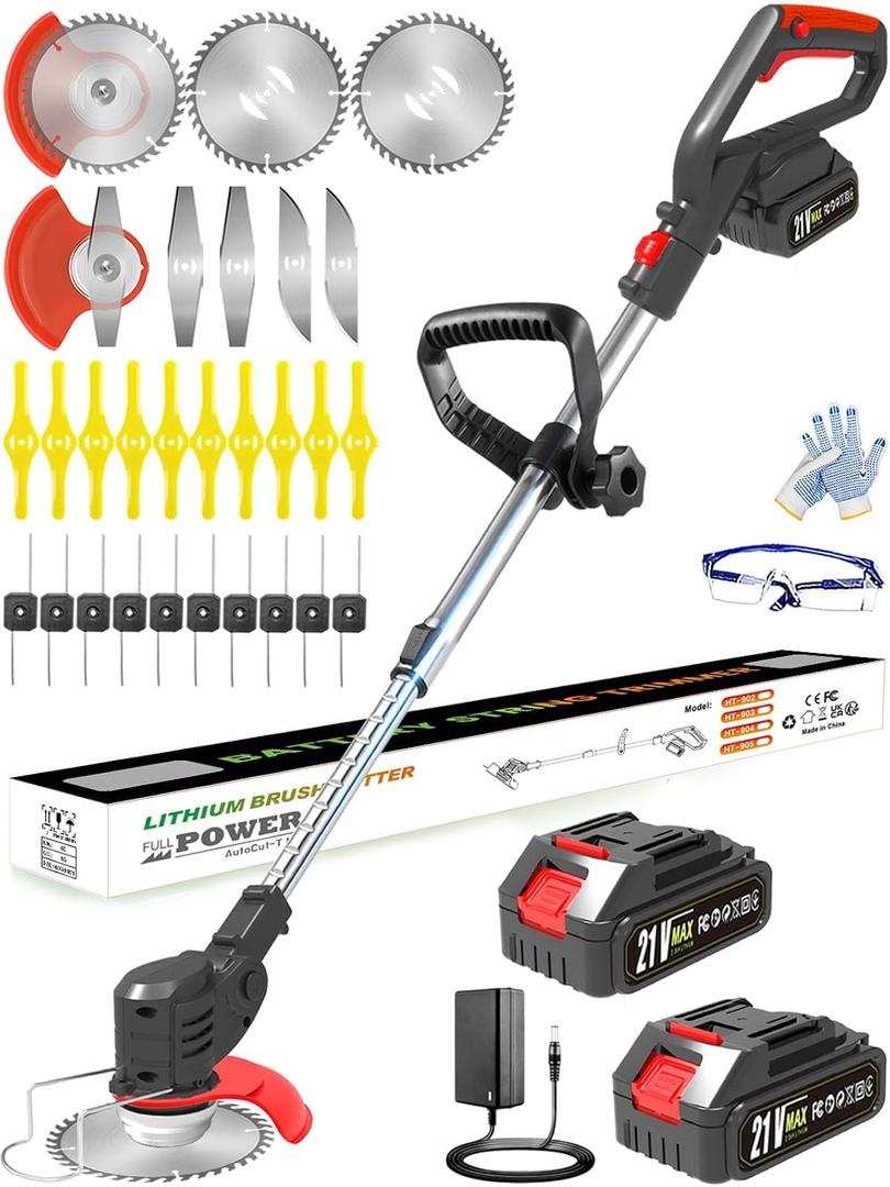Electric Weed Wacker Cordless, 21V Battery Powered Weed Eater with 2X 2.0Ah Batteries and Charger, Metal Blade Weedwacker, 3-in-1 Stringless Grass Trimmer Brush Cutter Edger for Lawn Yard