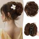 RUWISS Claw Clip Messy Bun Hair Piece Real Human Hair Buns Wavy Curly Chignon Hair Bun Extensions Updo Hair Buns Claw Clip Ponytail Hairpieces Hair Scrunchie for Women, Medium Brown 2 (40g)