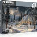 Moonlit Snowy Night Puzzles for Adults 1000 Pieces, Cozy Winter Forest Cabin Night Scene Nature Jigsaw Puzzle, Challenging Holiday Landscape Art Puzzle as Home Wall Decor