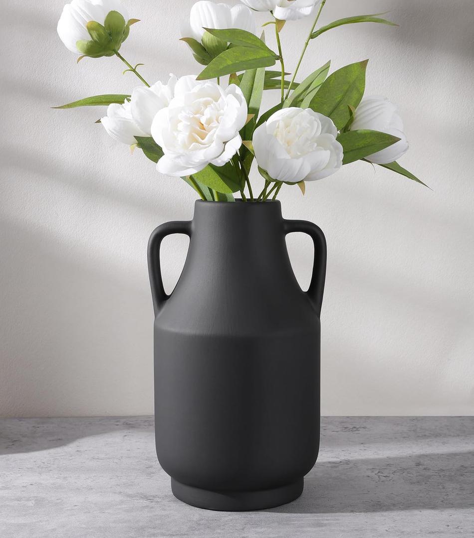 Black Ceramic Flower Vase with Handles, 11 in Tall Rustic Farmhouse Pottery Vases Decorative Large Vases for Living Room Entryway Kitchen Table Centerpieces Home Decor