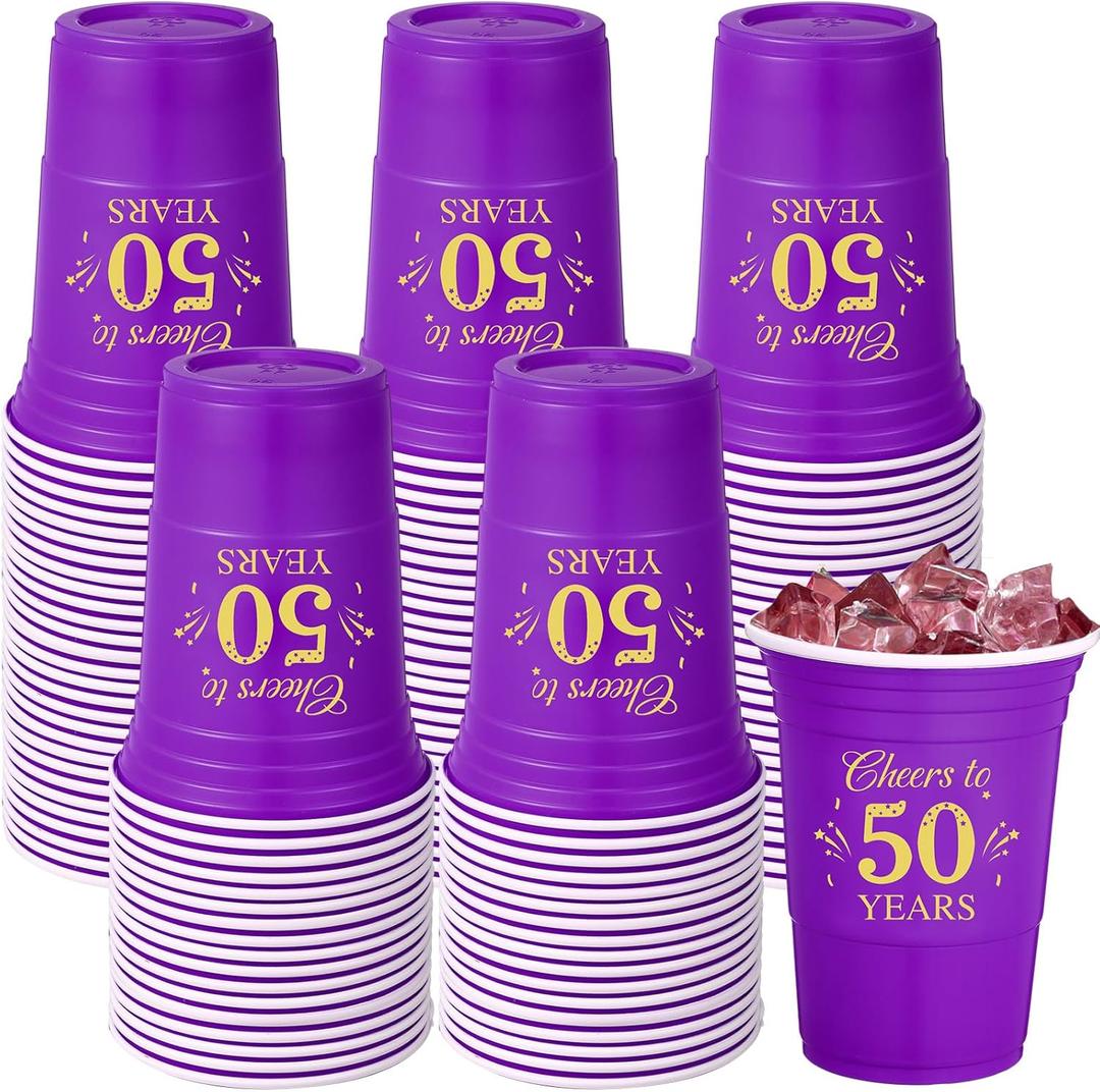 Ziliny 50 Pack 50th Birthday Decorations Birthday Cups 16 oz Disposable Plastic Gold and Purple Cheers to 50 Years Cups for Men Women Hot Cold Drinks for Wedding Anniversary Supplies(Purple)
