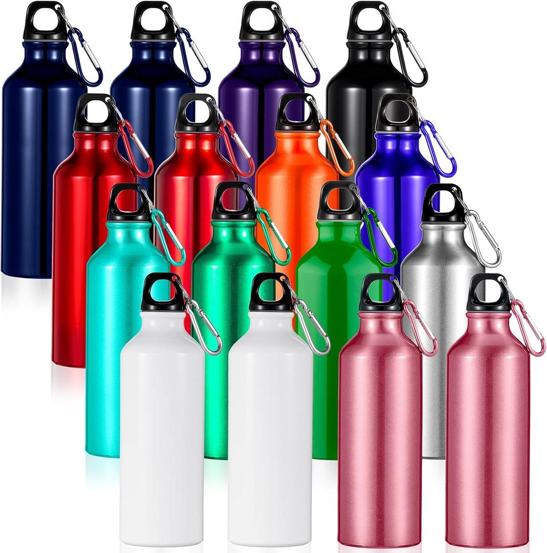 16 Pcs Aluminum Water Bottle Bulk 17 oz Reusable Backpacking Leak Proof Water Bottles with Buckle and Twist Cap for Camping Sports Travel (Dark Colors)