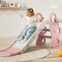 Babytronic Toddler Slide, Kids Indoor Outdoor Playset with Basketball Hoop & Ring Toss, Foldable Baby Plastic Slide, Outdoor Playground Climber Slide (Pink&White)