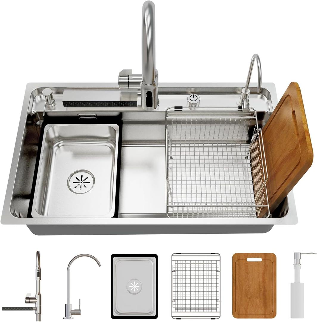 30.7 x 18.9 Inch Top Mount Kitchen Sink Deep Single Bowl 15 Gauge T304 Stainless Steel Handmade Basin Smart Modern Drop in Workstation Sinks with Accessories, 30.7"x18.9"x9.6"