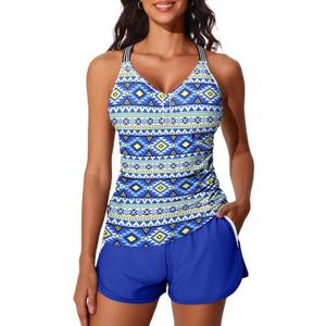 Summer Mae Modest Tankini Swimsuits for Women 2025 Two Piece Bathing Suits with Sporty Pockets Boy Shorts for Tummy Control (16, Multi-color Geometry)