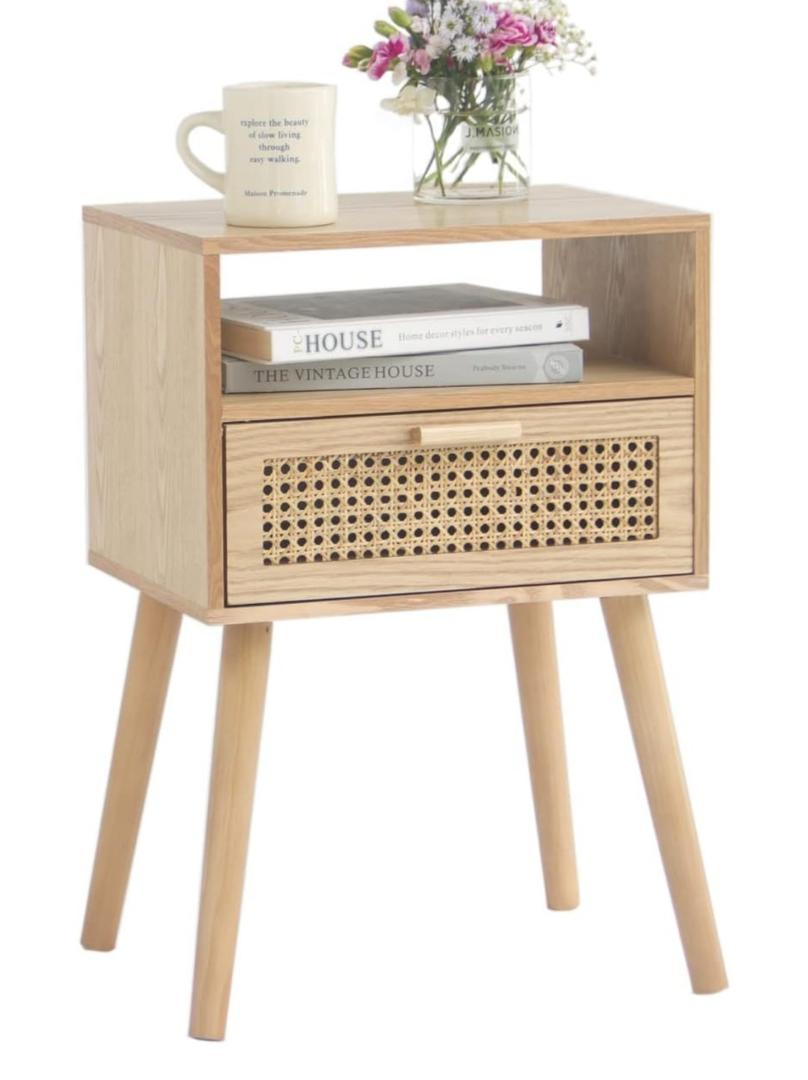 MaxSmeo Modern Nightstand Rattan Side End Table with Storage, for Living Room, Bedroom and Small Spaces, Accent Bedside Farmhouse Tables with Solid Wood Legs, Easy Assembly (Natural Walnut)