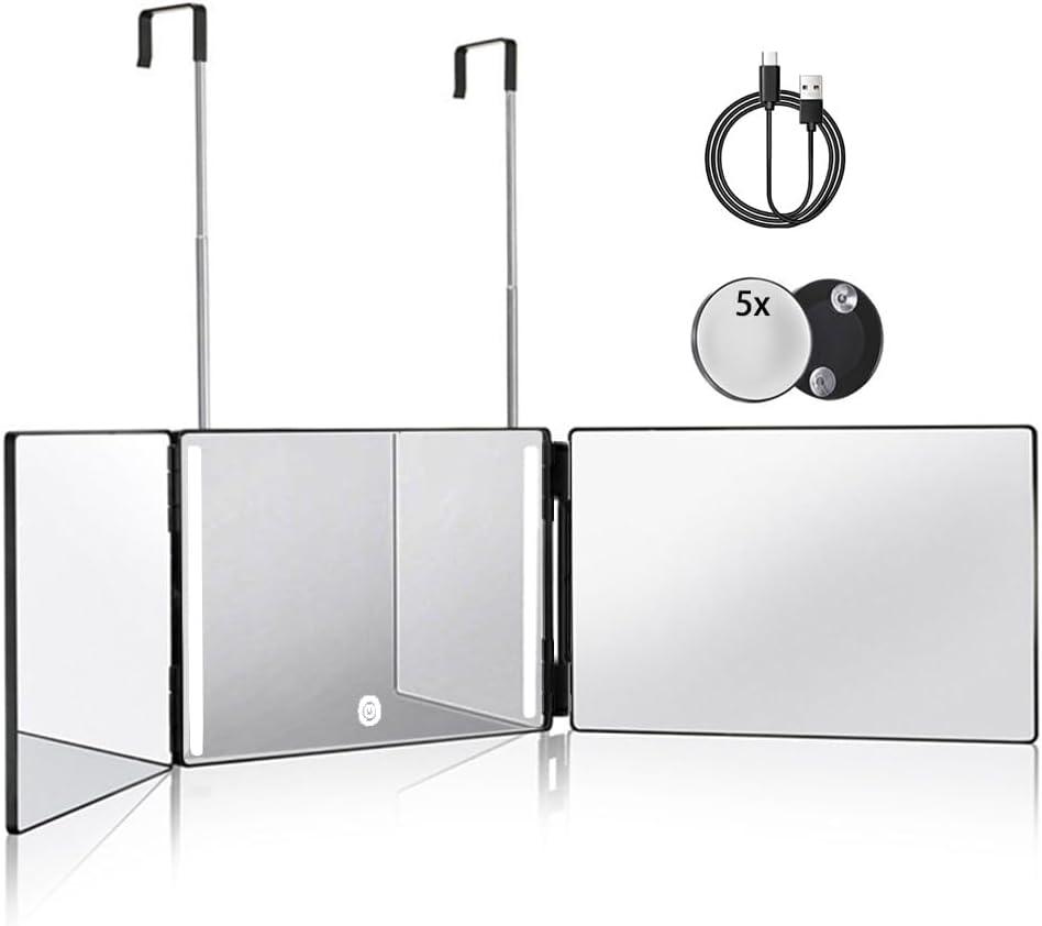 HIEEY 3 Way Mirror for Hair Cutting with LED,360 Trifold with Height Adjustable Telescoping Hooks,and 5X Magnification,for Makeup and Styling (Black) HIEEY 3 Way Mirror for Hair Cutting with LED,360 Trifold with Height Adjustable Telescoping Hooks,and 5X Magnification,for Makeup and Styling (Black)
