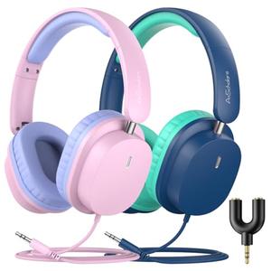 A+ Scholars 2 Pack Kids Headphones with Sharing Splitter, Stereo Sound Over-Ear Wired Headphones for Kids, Comfortable Fit, Foldable,Tangle-Free 3.5mm Jack Heaphones for School Tablet/Laptop/Computer