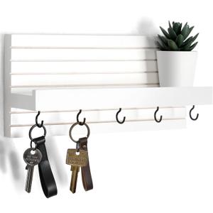 Lwenki Decorative Key Holder for Wall with Shelf, Entryway Shelf with Hooks Holds Leashes, Jackets and Glasses Sturdy Wood Keyholder Entrance Hanger with Mounting Hardware (White, Medium)