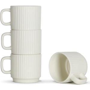Stackable Coffee Mugs Set of 4, 7 OZ Espresso Ceramics Cups for Latte Cappuccino Cocoa with Handle, Beige (White)