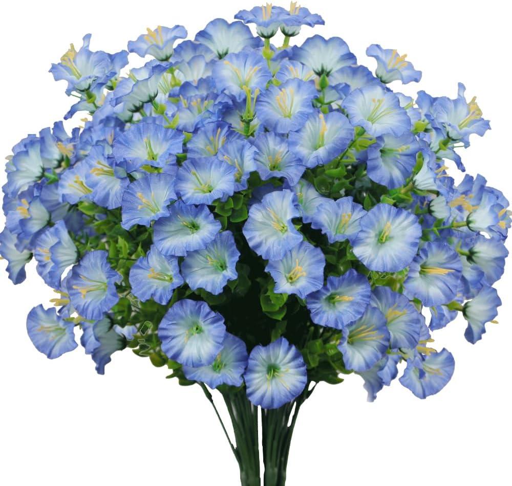 6 Bundles Artificial Morning Glory,Fake Artificial Greenery UV Resistant No Fade Faux Plastic Flower for Wedding Bridal Bouquet Indoor Outdoor Home Garden Kitchen Office Table Vase(Blue)