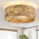 Rattan Ceiling Fans with Light and Remote, Boho Fandelier Ceiling Fan with Light Flush Mount Woven Farmhouse Caged Ceiling Fan for Bedroom Living Room Kitchen(Enclosed 6 Speeds)