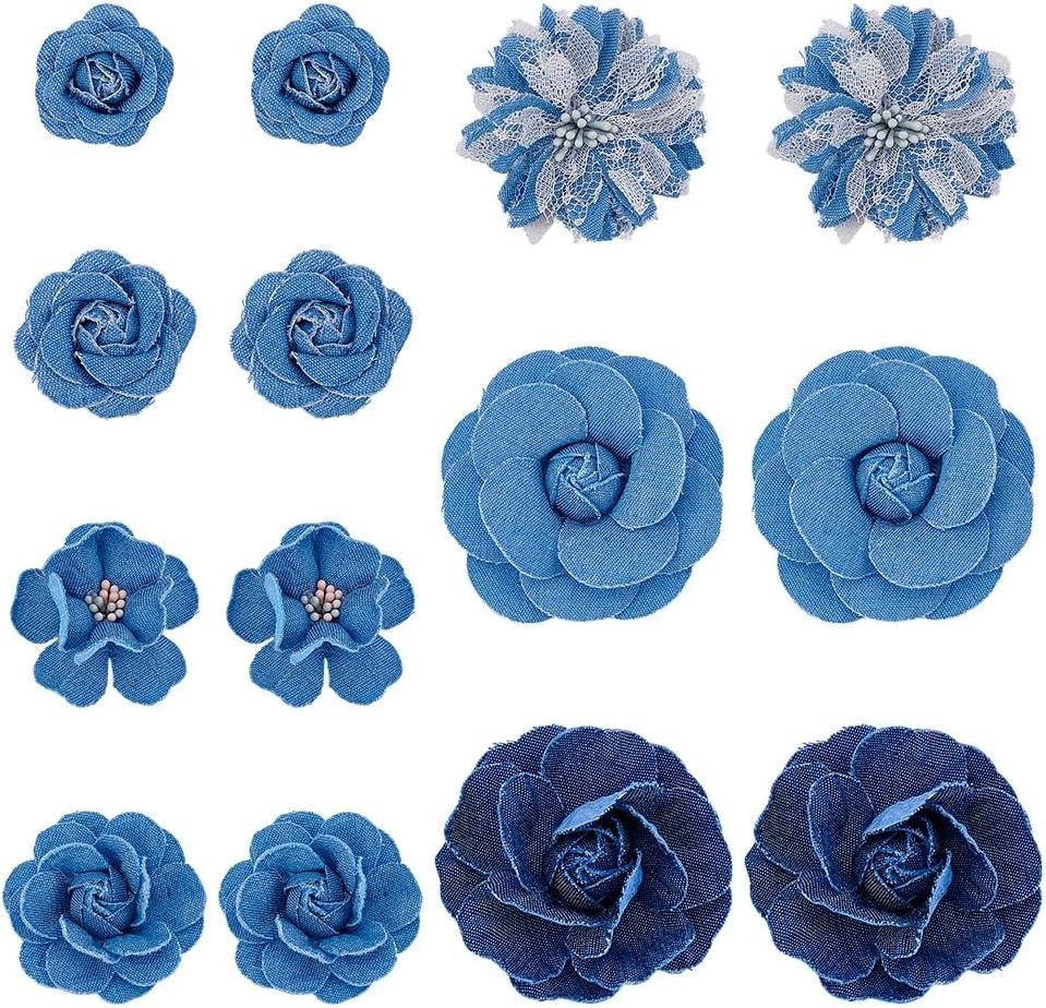 14Pcs 7 Styles Denim Fabric Flower Camelia Sewing Flowers Steel Blue Flower Cloth 3D Flowers Fabric for DIY Clothes Hairclips Dresses Party Decoration Costume Accessories