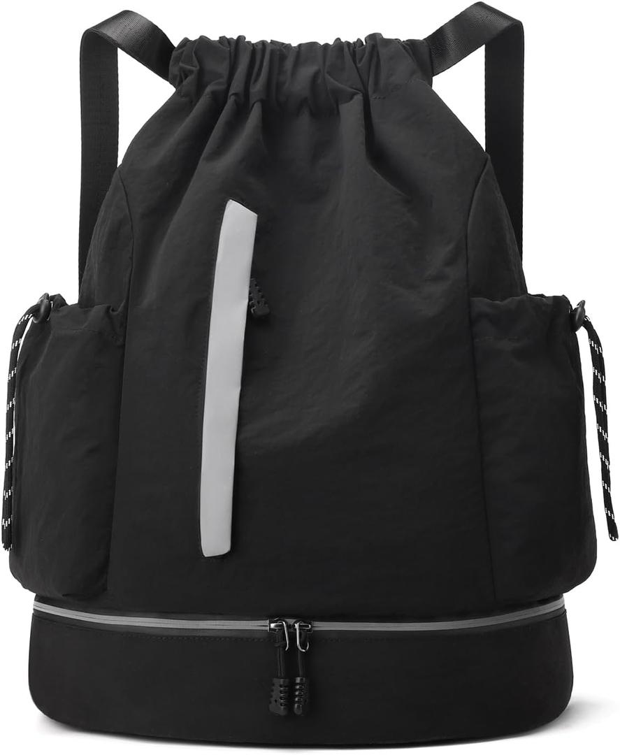 JELUTAR Drawstring Backpack for Men Women Water-Resistant Gym Bag with Shoe Compartment Lightweight String Sport Sackpack for Basketball Soccer Swimming and Travel, Black, Large