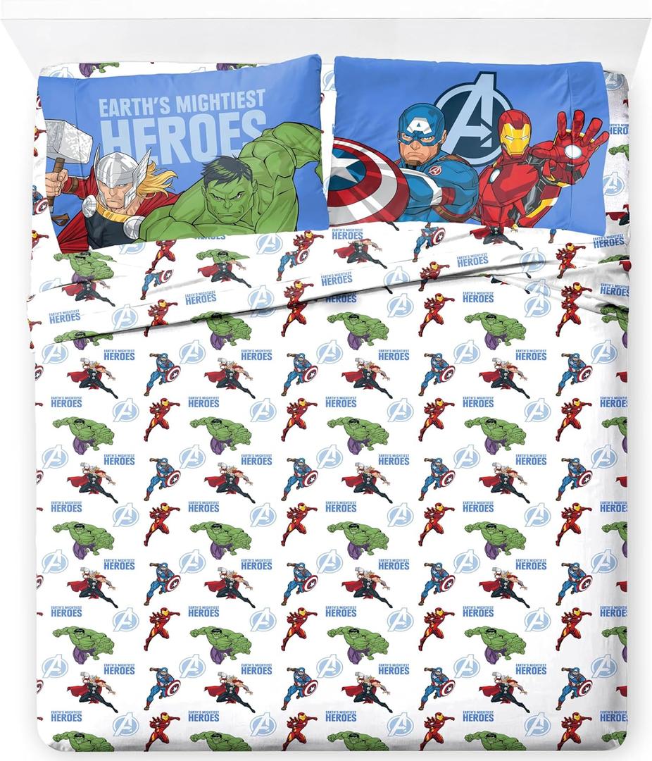 Jay Franco Kids Sheet Set with Fitted, Flat Sheets & Pillow Cover - Ultra-Soft Bedding with Pillowcase for Room Decor, White - Avengers, 4 Piece Queen