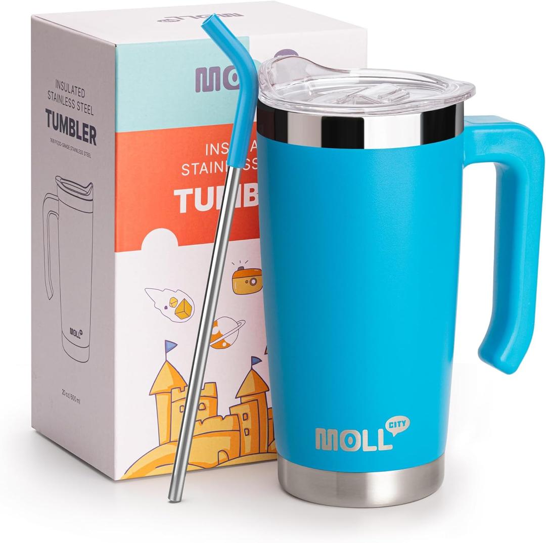 Mollcity Kids Insulated Tumbler with Handle Stainless Steel Double Wall Vacuum Travel Coffee Mug with Lid and Straw 20 oz Tumbler Cups with Silicone Pad Non Slip (Sky Blue)