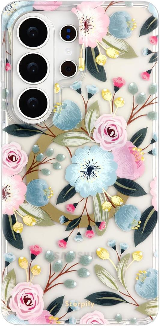 SCORPIFY Compatible with Samsung Galaxy S26 Ultra Case [Compatible with MagSafe] for Hibiscus Floral Design, Cute Magnetic Clear Flower Phone Cover for Women Girls, Slim Bumper with Gold Accents