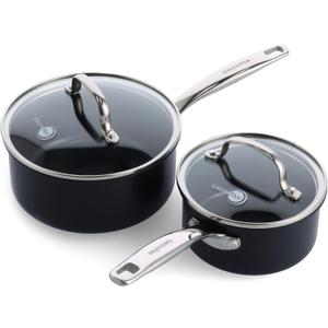 GreenPan Prime Chatham 1QT & 2QT Saucepan Pot Set with Glass Lids, Hard Anodized Diamond Infused Ceramic Nonstick, PFAS-Free, Dishwasher Safe, Oven Safe, Multipurpose Chefs Pan, Stay-Cool Handle,Black