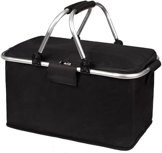 Large Foldable Picnic Basket (Black, 26L) 3 Layers of Reusable Thermal Cooler Bag with Oxford Cloth Exterior & Aluminum Foil Liner, Waterproof Durable Handheld Bag for Lunch, Picnic, Travel, Shopping, Blue Black