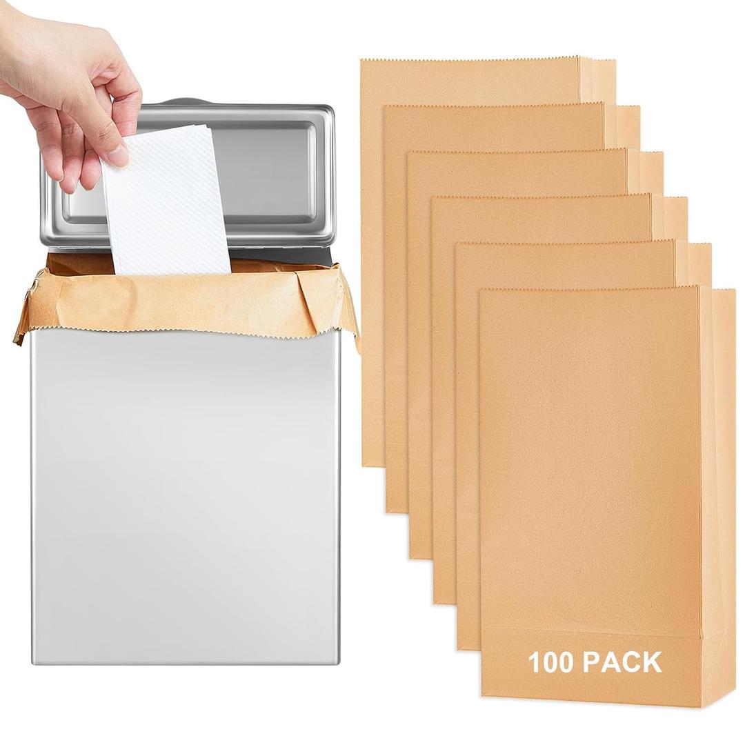 Tioncy 1 Pcs Sanitary Napkin Receptacle with 100 Feminine Hygiene Liner Bag Wall Mounted Tampon Holder for Bathroom Sanitary Napkin Disposal Bags Tampon Disposal Bin for Home Public Restrooms (Silver)