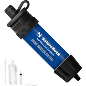 Mini Water Filter NatureNova Portable Emergency Water Filtration System Hiking Camping Straw Survival Gear Emergency Preparedness (Blue)