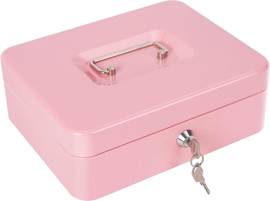 Cash Box with Lock and Money Tray Metal Money Box Large Cash Lock Box for Money 9.84" x 7.87" x 3.54" Pink