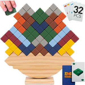 PATHFINDER PANDAS Wooden Tower Stack Game - 32PCS Stack Attack Game with Building Blocks & Cards - Durable Tetra Tower Stacking for Kids & Adults - Fun 1+ Player Balance Stacking Games