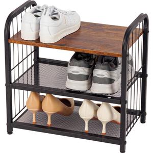 BWOORACKU 3Tier Shoe Rack with Guardrails, HeavyDuty Metal Mesh Shelves & Rustic Wooden Top  SpaceSaving Organizer for Closet, Entryway, and Hallway (Holds 12 Pairs/Shelf)