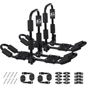 XGeek Kayak Roof Rack 4-in-1 for Kayak, Surfboard, Canoe and Ski Board Rooftop Mount Carrier Folding Adjustable Bilateral J-Style Rack on SUV, Car and Truck, Pack of 1 