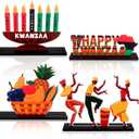 4Pcs Happy Kwanzaa Table Centerpiece Wooden Sign Table Topper Kwanzaa Kinara African Drum Fruit Table Signs Decorations for African Heritage Holiday Party Supplies