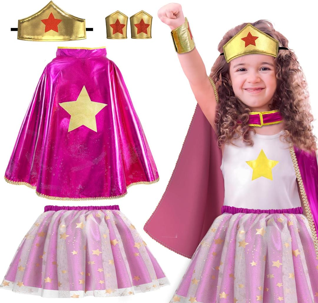 iROLEWIN Wonder Star Superhero-Costumes for Girls Dress-Up Super-Hero-Capes for Kids Tiara Tutu as Christmas Birthday Gifts (Rose Yellow)