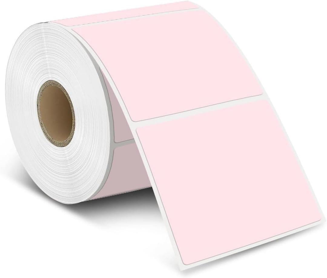iEager Pink Square Thermal Label Stickers, 3" x 3" Self-Adhesive Square Direct Thermal Labels with Perforation Line, 500 Sheets/Roll
