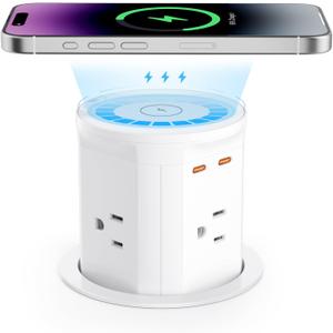 BTU Pop Up Outlet for Countertop with 15W Wireless Charger, 20W USB C Fast Charging & 4 AC Outlet, 3 1/2 Hole Desk Charging Station Pop Out Outlet for Office, Conference, Kitchen Use