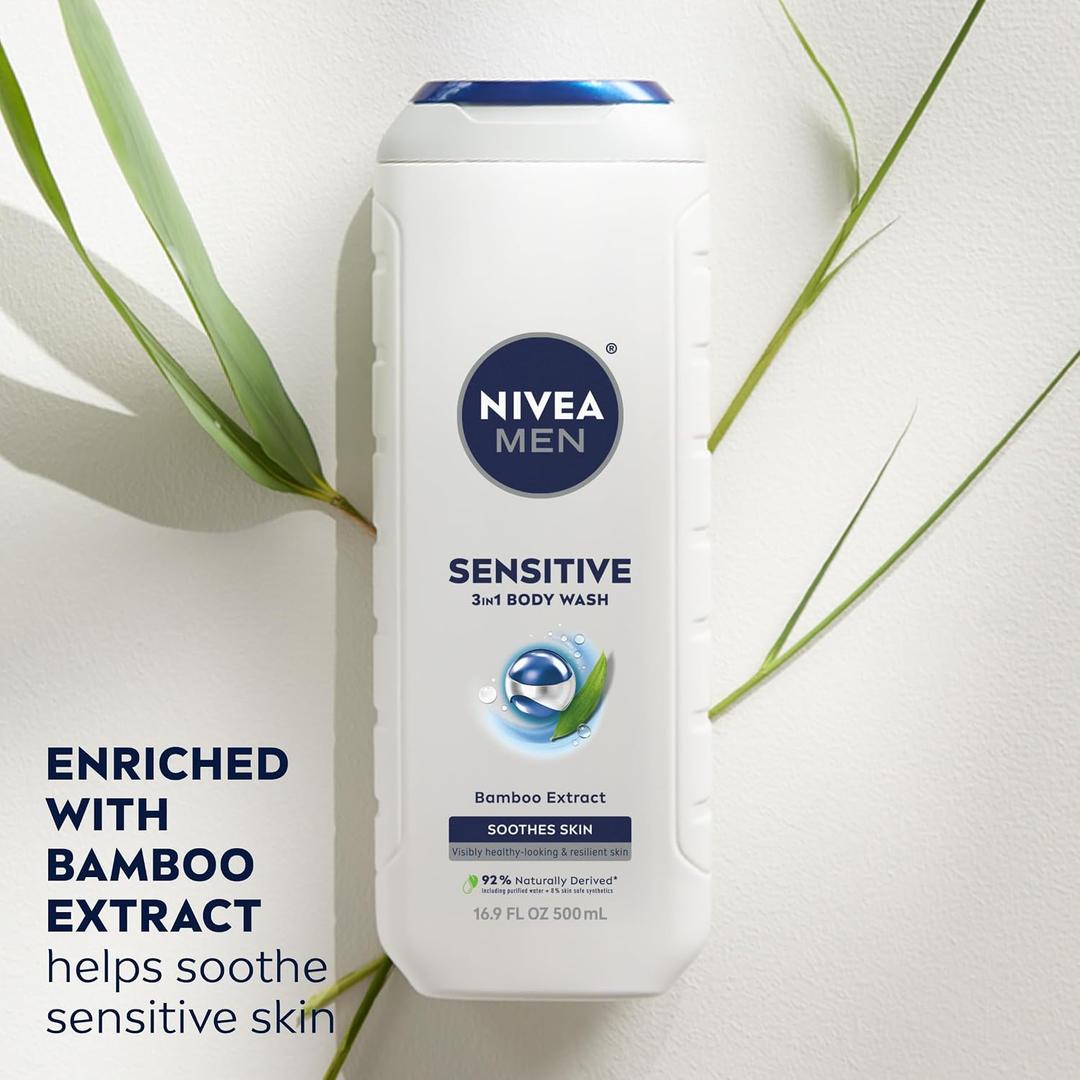 NIVEA MEN Sensitive 3-in-1 Body Wash, Mulitpack, 16.9 FL OZ 3-in-1 Face, Hair and Body Wash for Men with Sensitive Skin, Bamboo Extract, Soap Free, Dermatologically Tested, 1pk