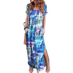 Arolina Women's Summer Maxi Dress Short Sleeve V Neck Casual Loose Long Beach Split Dresses with Pockets Size XL (Floral Blue)