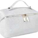 Makeup Bag for Women Travel Cosmetic Bag Toiletry Oraganizer Case Bag Travel Essentials Portable Pouch with Waterproof Large Capacity PU Leather Lining (Grey)