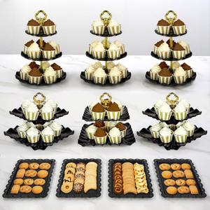 Pack of 10 NWK Cake Stand Set, with 3 x Two-Tier and 3 x Three-Tier Cupcake Stands, 4 x Appetizer Trays Perfect for Birthday Baby Bridal Shower Party (Black)