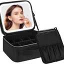 Chomeiu Makeup Bag with LED Mirror, Travel Makeup Case for Women and Makeup Artists Cosmetic Organizer Large Make Up Bags with Light Up Mirror, 3 Color Lights, Adjustable Dividers and Brush Holder (Small, 01-Black)