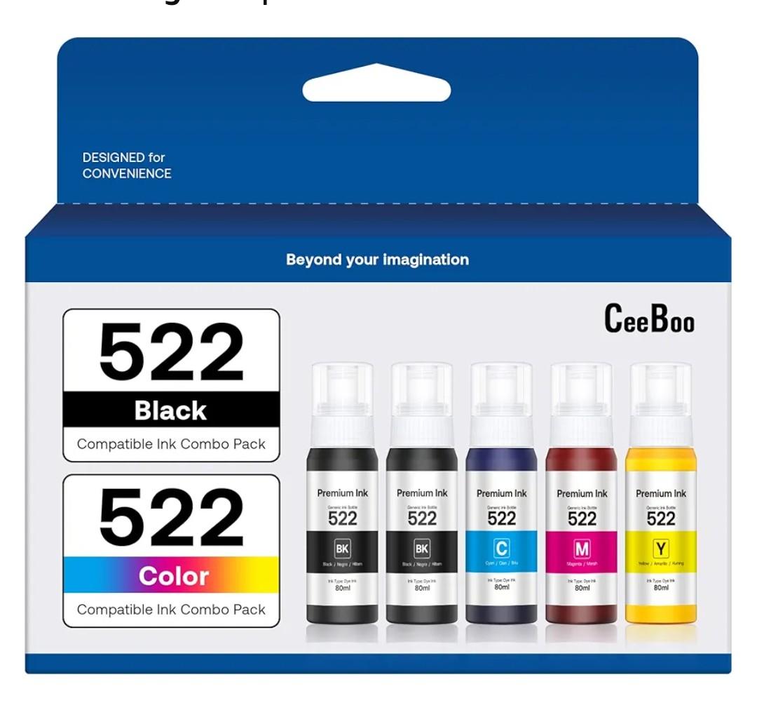 CEEBOO 522 High Capacity (5 Bottles) Refill Ink Bottle Replacement for Epson Compatible 522 Ink Refill Bottles (Not Sublimation Ink) Use for EcoTank ET-2803 ET-2800 ET-2720 ET-4800 Printer