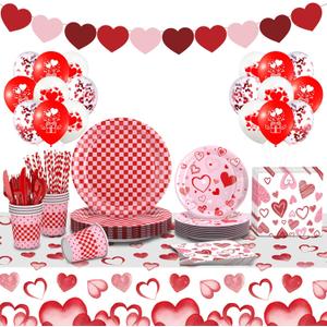 146Pcs Valentine's Day Party Tableware Set, Red Heart Love Disposable Paper Plates, Pink Plaid Plates and Cup Napkin Balloon for Girls' Birthday Party, Pink Love Decoration Party, Anniversary, Baby Shower